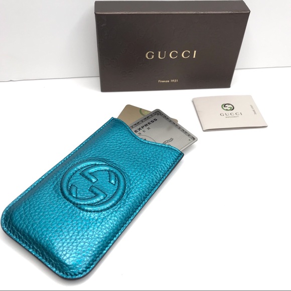 New AUTHENTIC Gucci GG Metallic Blue Leather Case - Picture 1 of 6
